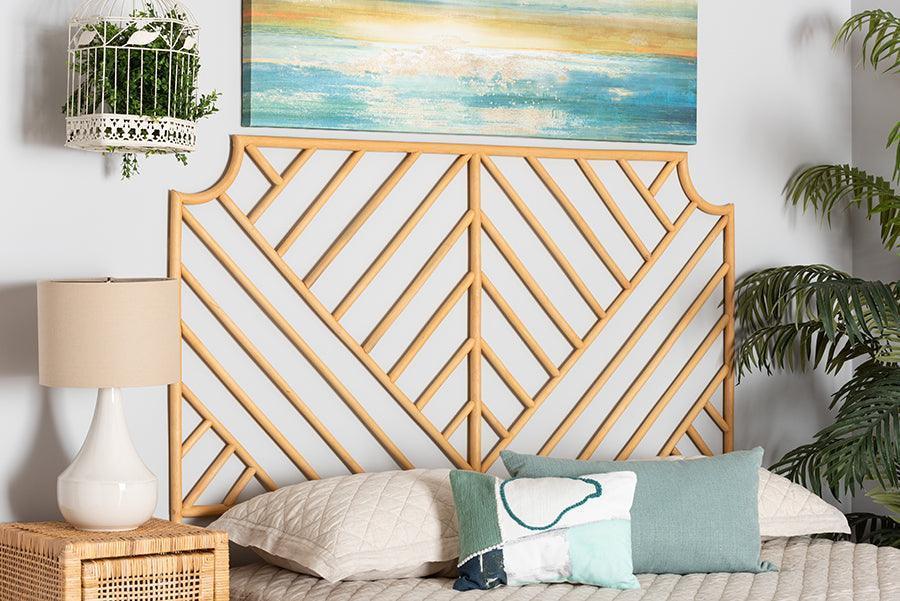 Giza Modern Bohemian Natural Brown Rattan Queen Size Wall-mount Headboard FredCo