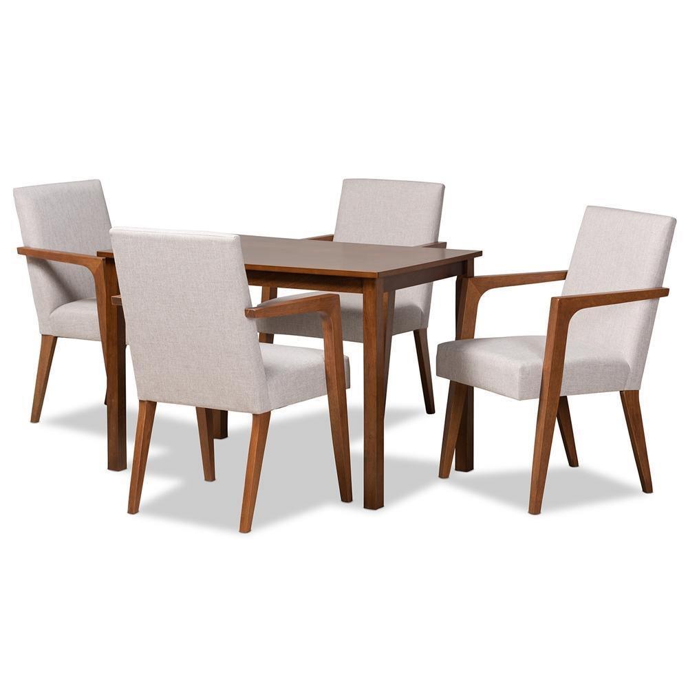 Glenda Mid-Century Modern Greyish Beige Fabric Upholstered and Walnut Brown Finished Wood 5-Piece Dining Set FredCo