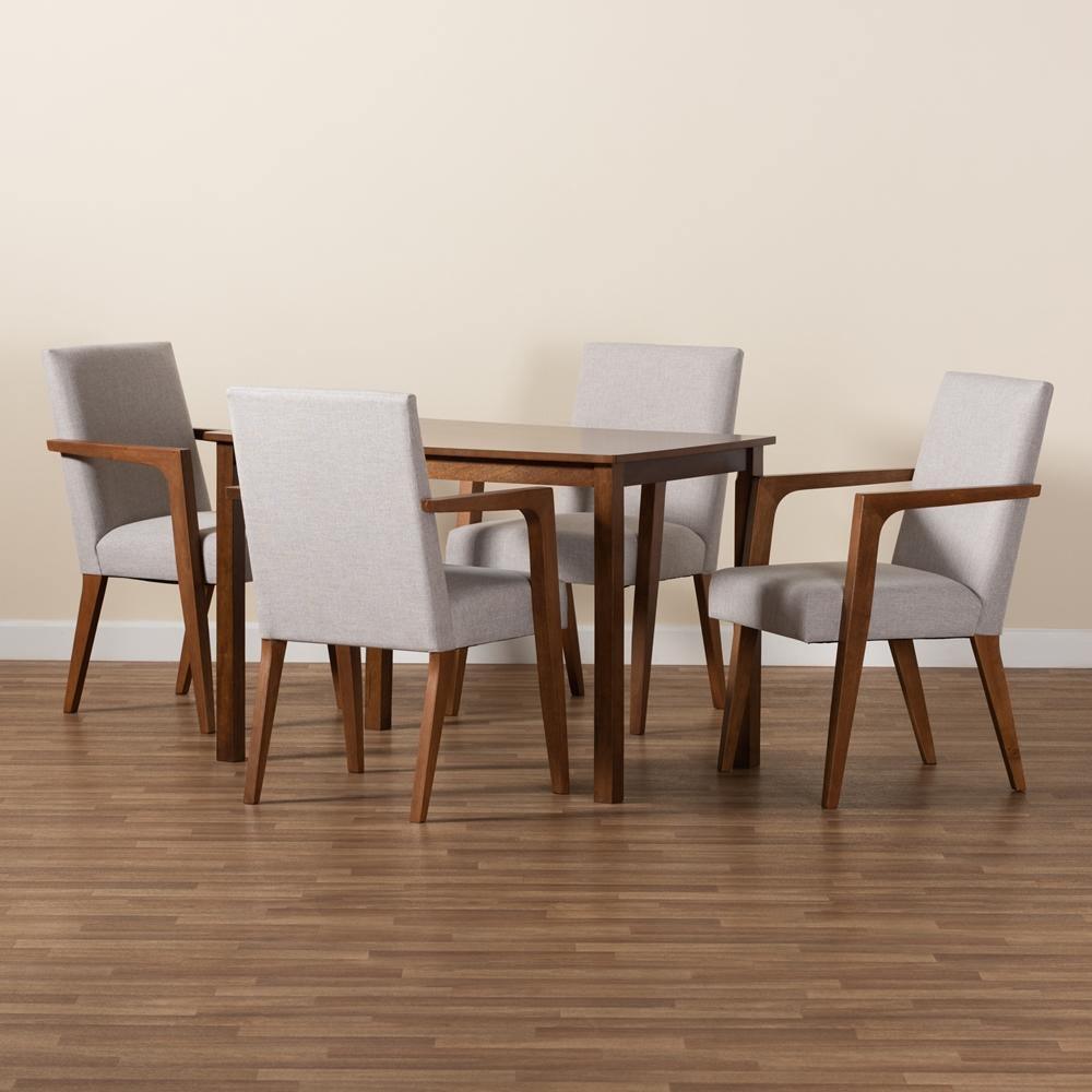 Glenda Mid-Century Modern Greyish Beige Fabric Upholstered and Walnut Brown Finished Wood 5-Piece Dining Set FredCo