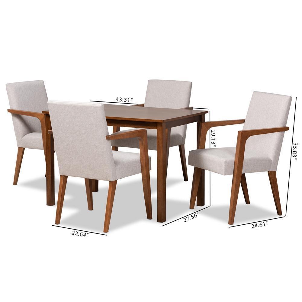 Glenda Mid-Century Modern Greyish Beige Fabric Upholstered and Walnut Brown Finished Wood 5-Piece Dining Set FredCo