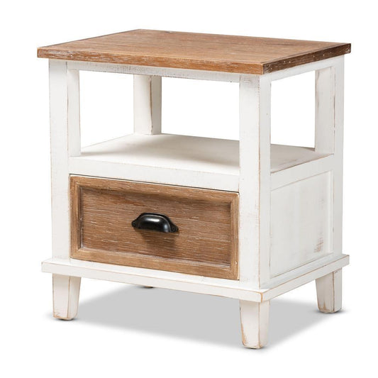 Glynn Rustic Farmhouse Weathered Two-Tone White and Oak Brown Finished Wood 1-Drawer Nightstand FredCo