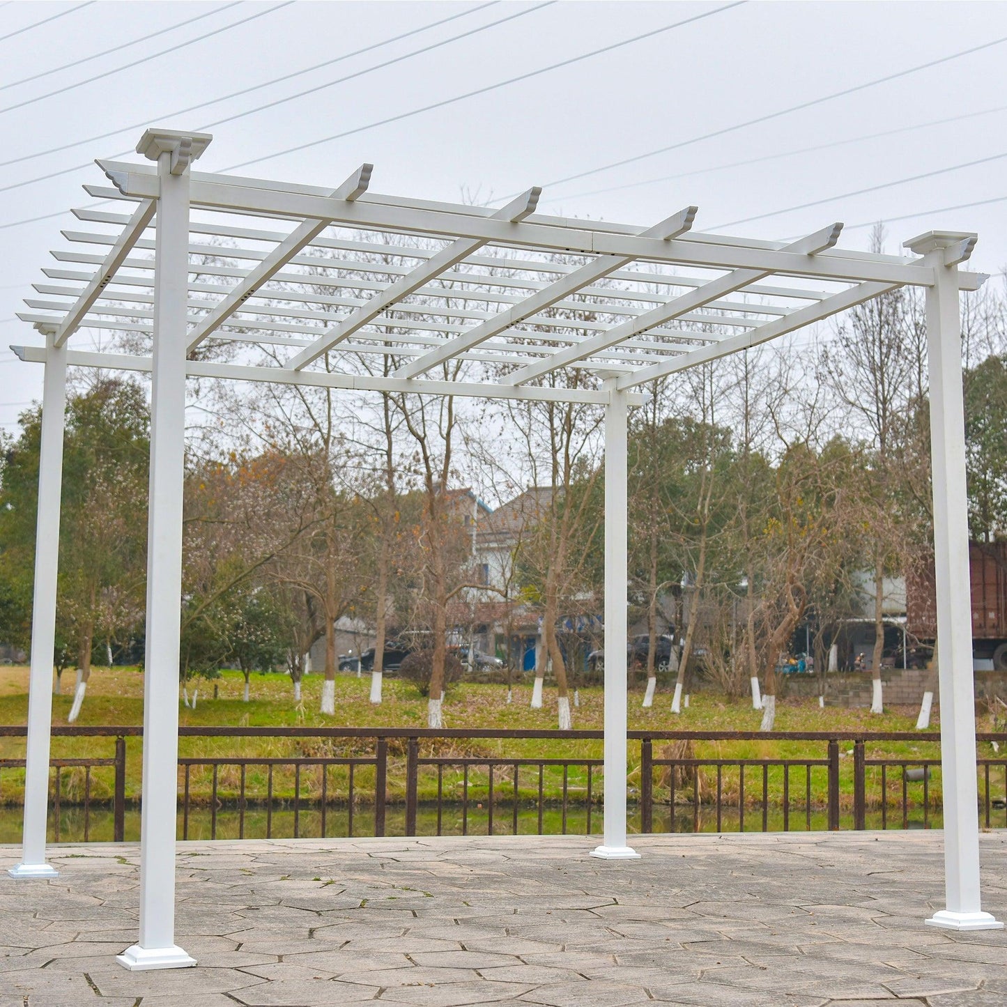 GO 10’ x 10’ White Iron Pergola Gazebo for Vines Pure Iron Chic Lid Cover Design Sleek Seams Hidden Joints Elegant White Trellis FredCo