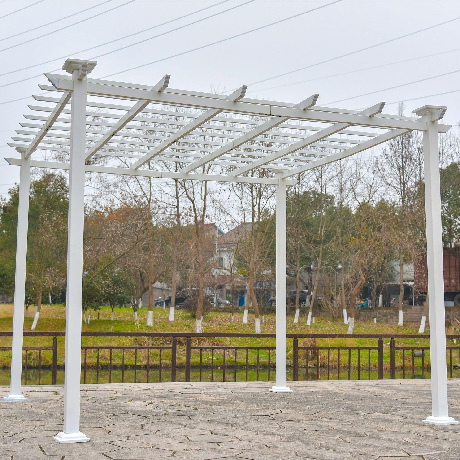 GO 10’ x 10’ White Iron Pergola Gazebo for Vines Pure Iron Chic Lid Cover Design Sleek Seams Hidden Joints Elegant White Trellis FredCo