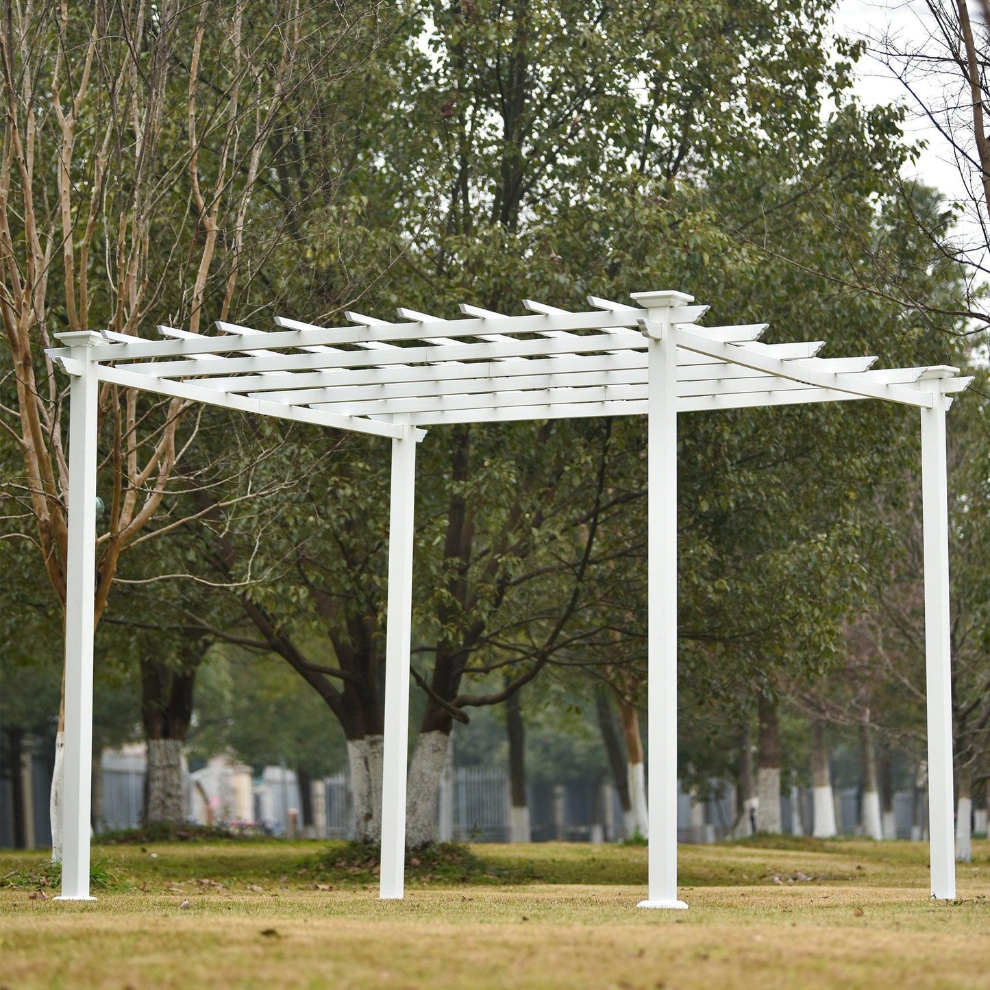 GO 10’ x 10’ White Iron Pergola Gazebo for Vines Pure Iron Chic Lid Cover Design Sleek Seams Hidden Joints Elegant White Trellis FredCo