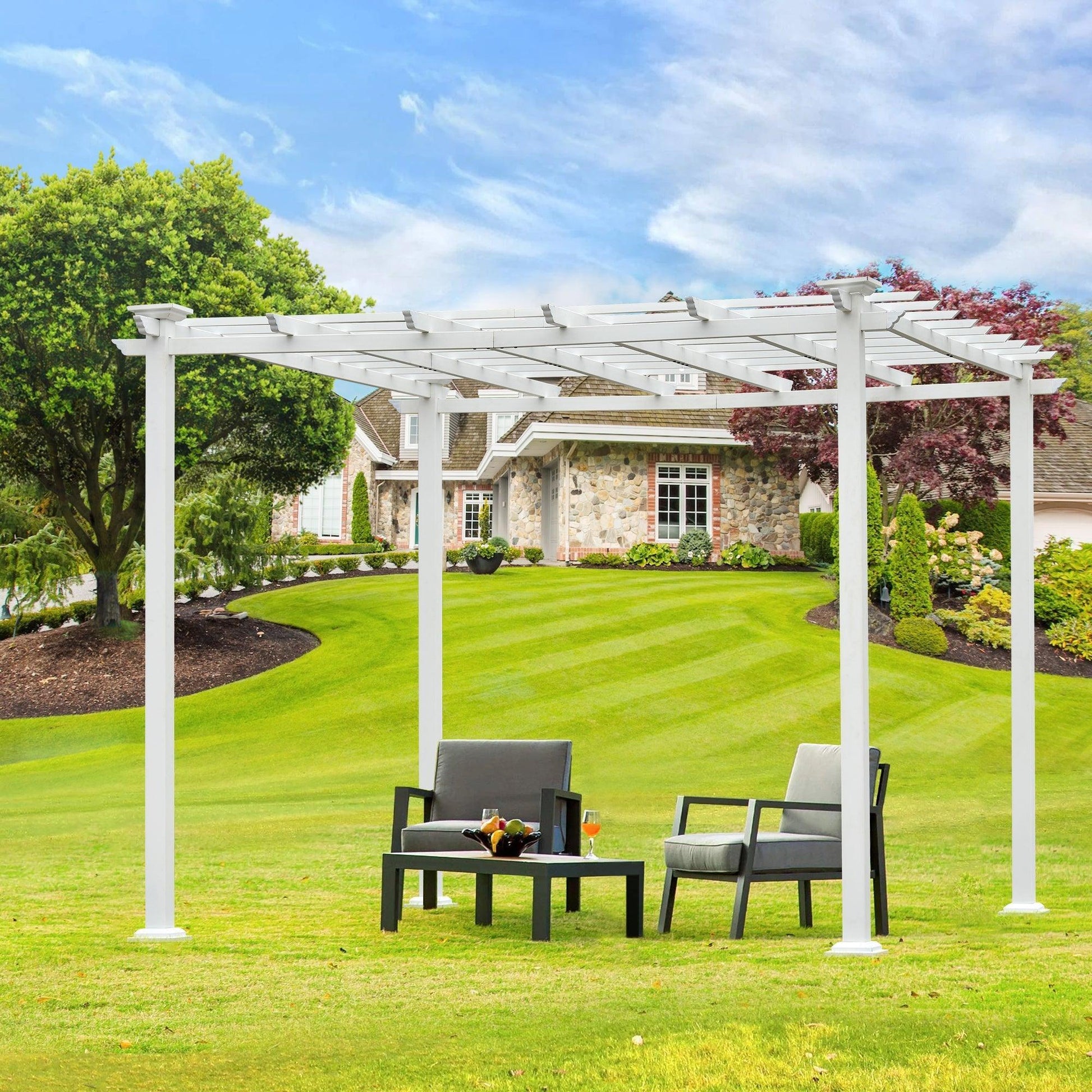 GO 10’ x 10’ White Iron Pergola Gazebo for Vines Pure Iron Chic Lid Cover Design Sleek Seams Hidden Joints Elegant White Trellis FredCo