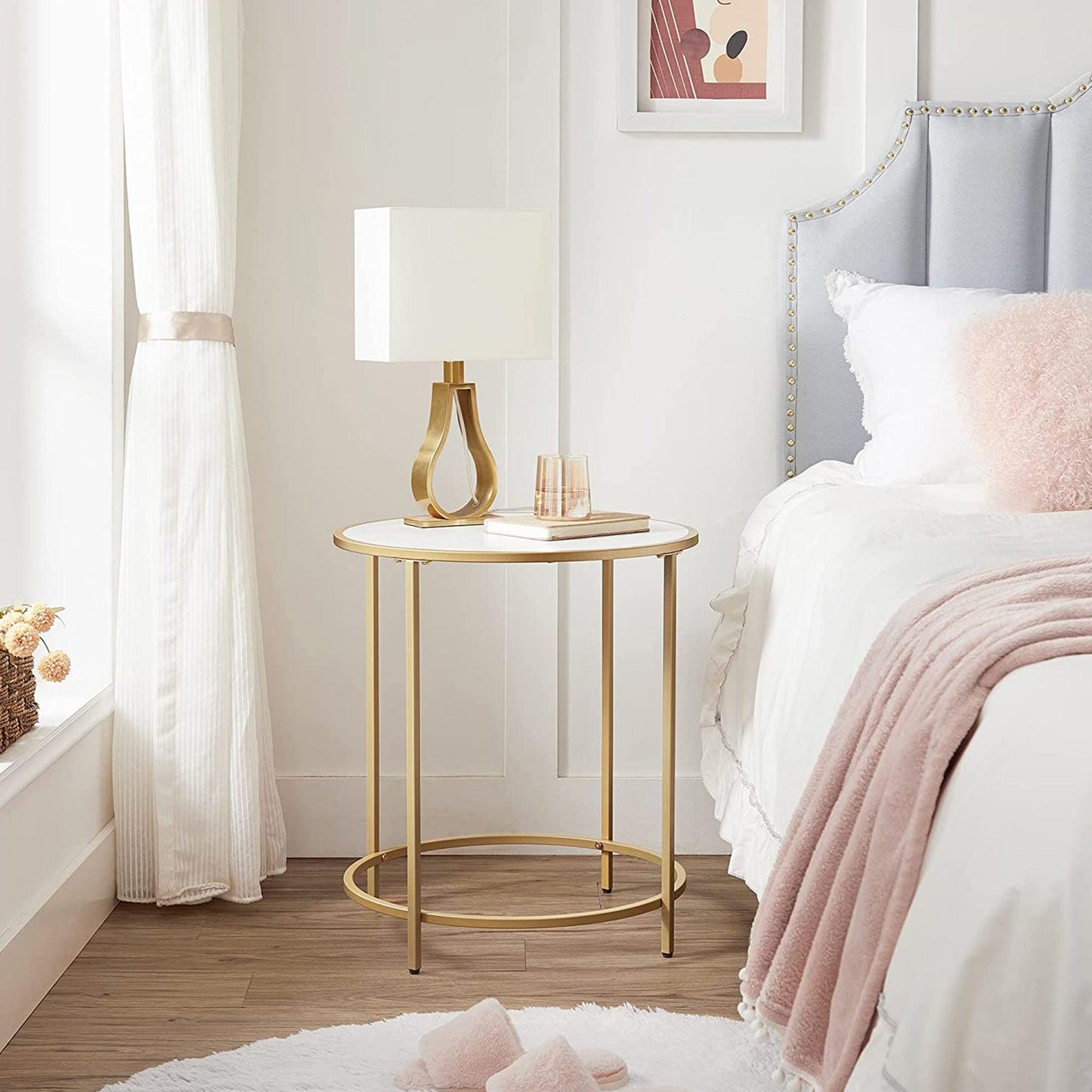 Gold/White Modern Round Side Table with Metal Frame FredCo