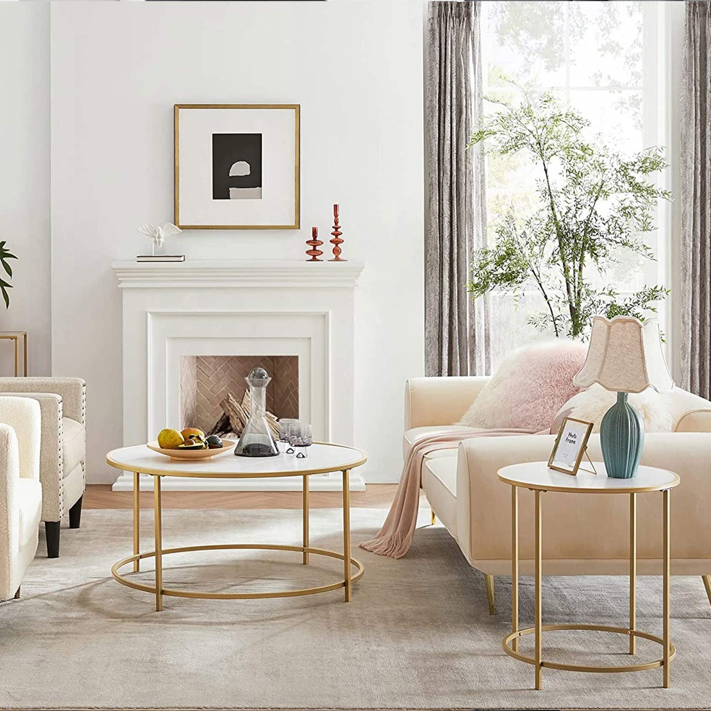 Gold/White Modern Round Side Table with Metal Frame FredCo