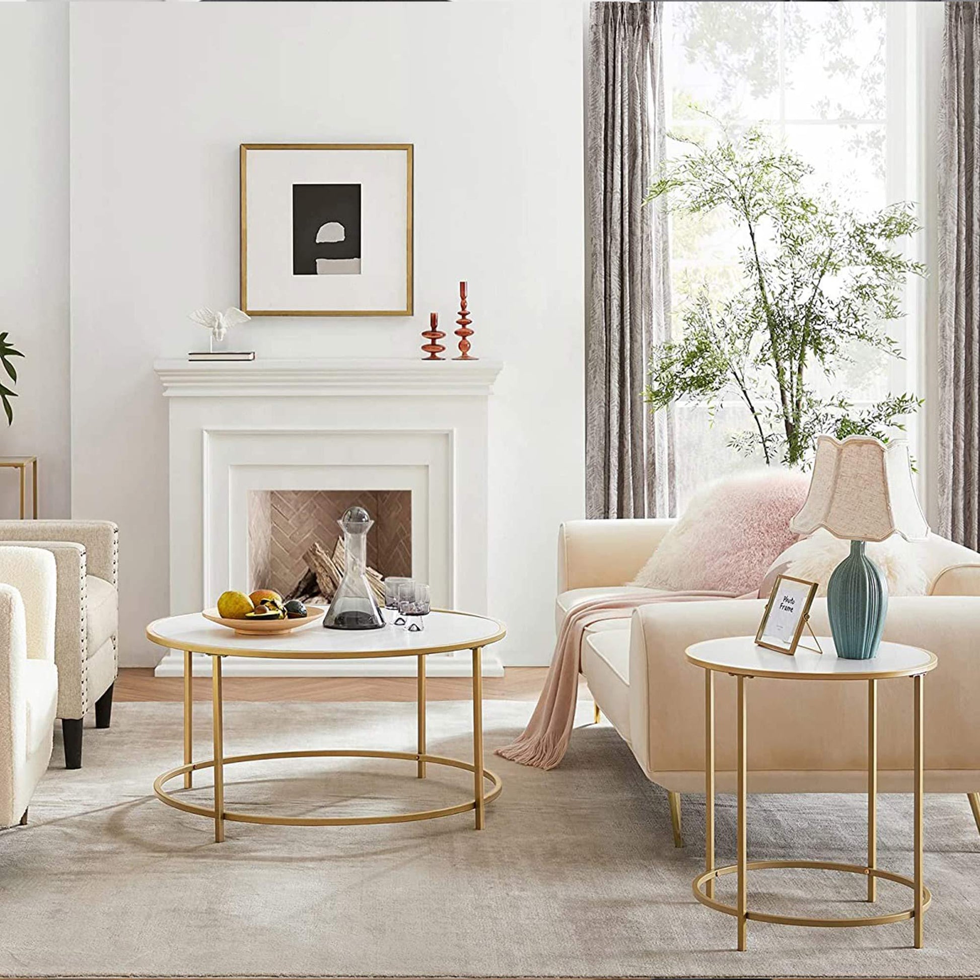 Gold/White Modern Round Side Table with Metal Frame FredCo