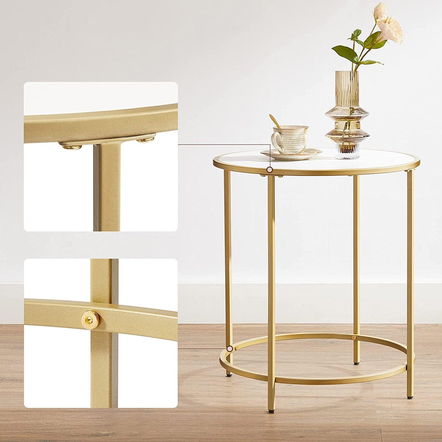 Gold/White Modern Round Side Table with Metal Frame FredCo