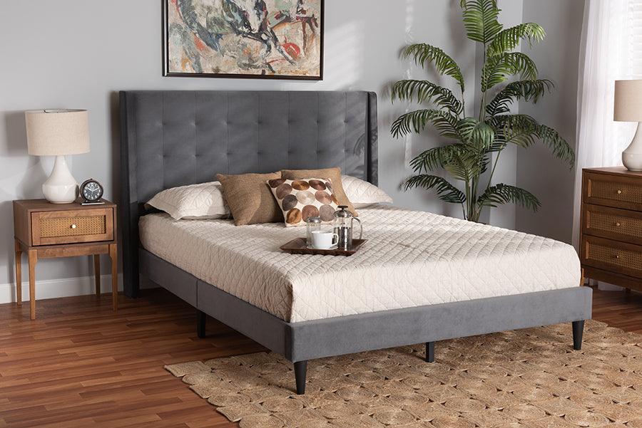 Gothard Modern and Contemporary Grey Velvet Fabric Upholstered and Dark Brown Finished Wood Queen Size Platform Bed FredCo