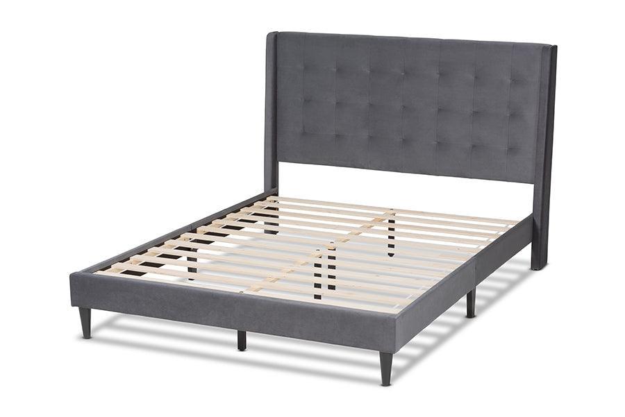 Gothard Modern and Contemporary Grey Velvet Fabric Upholstered and Dark Brown Finished Wood Queen Size Platform Bed FredCo