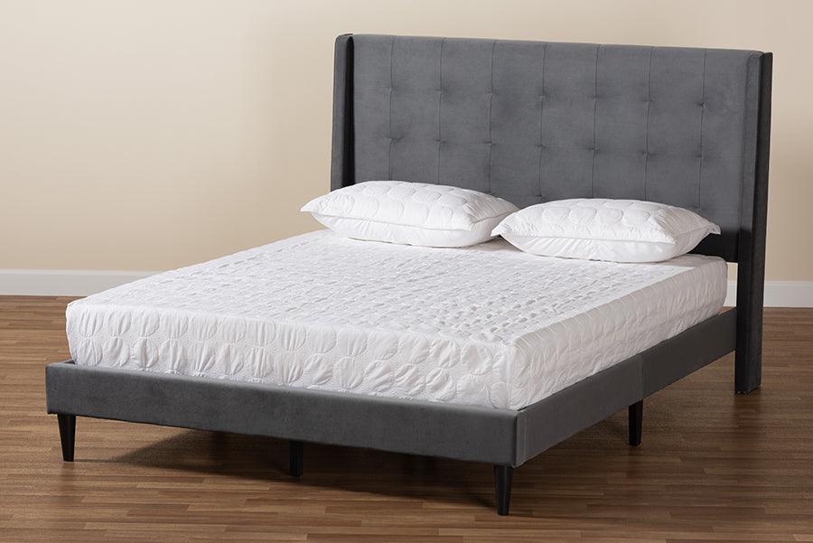 Gothard Modern and Contemporary Grey Velvet Fabric Upholstered and Dark Brown Finished Wood Queen Size Platform Bed FredCo