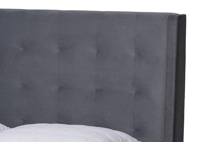 Gothard Modern and Contemporary Grey Velvet Fabric Upholstered and Dark Brown Finished Wood Queen Size Platform Bed FredCo