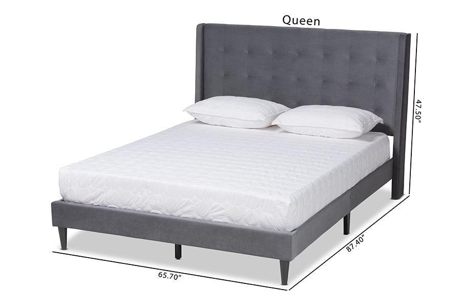 Gothard Modern and Contemporary Grey Velvet Fabric Upholstered and Dark Brown Finished Wood Queen Size Platform Bed FredCo