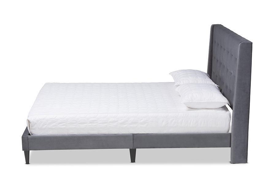 Gothard Modern and Contemporary Grey Velvet Fabric Upholstered and Dark Brown Finished Wood Queen Size Platform Bed FredCo
