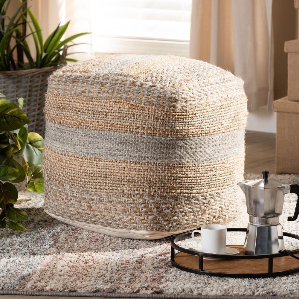 Grange Moroccan Inspired Natural and Grey Handwoven Hemp Pouf Ottoman FredCo