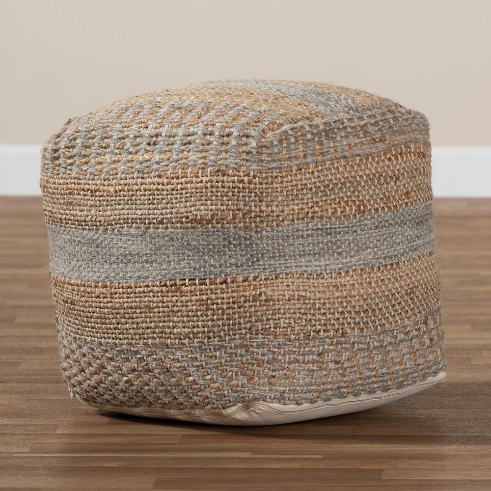 Grange Moroccan Inspired Natural and Grey Handwoven Hemp Pouf Ottoman FredCo