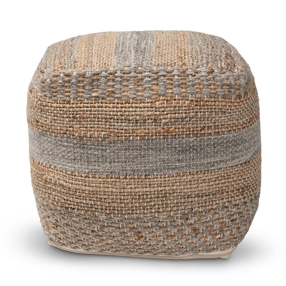 Grange Moroccan Inspired Natural and Grey Handwoven Hemp Pouf Ottoman FredCo