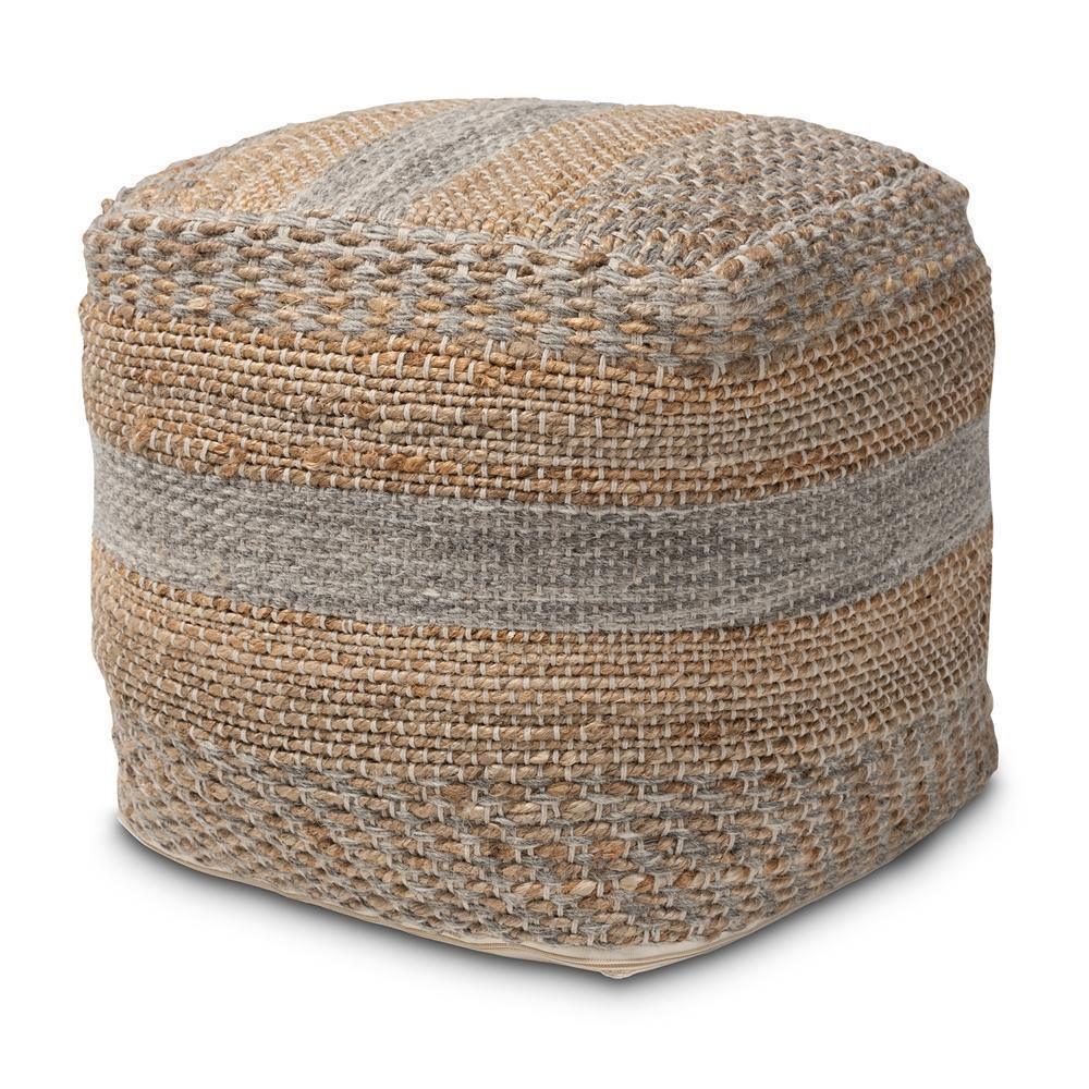 Grange Moroccan Inspired Natural and Grey Handwoven Hemp Pouf Ottoman FredCo