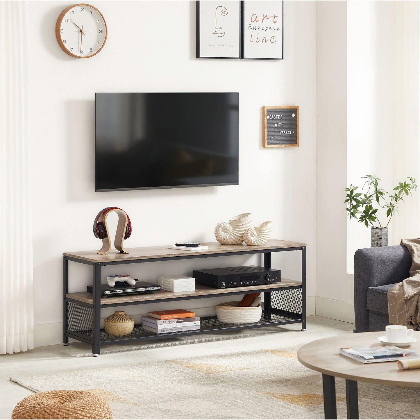 Gray TV Bench Entertainment Center with Shelves FredCo