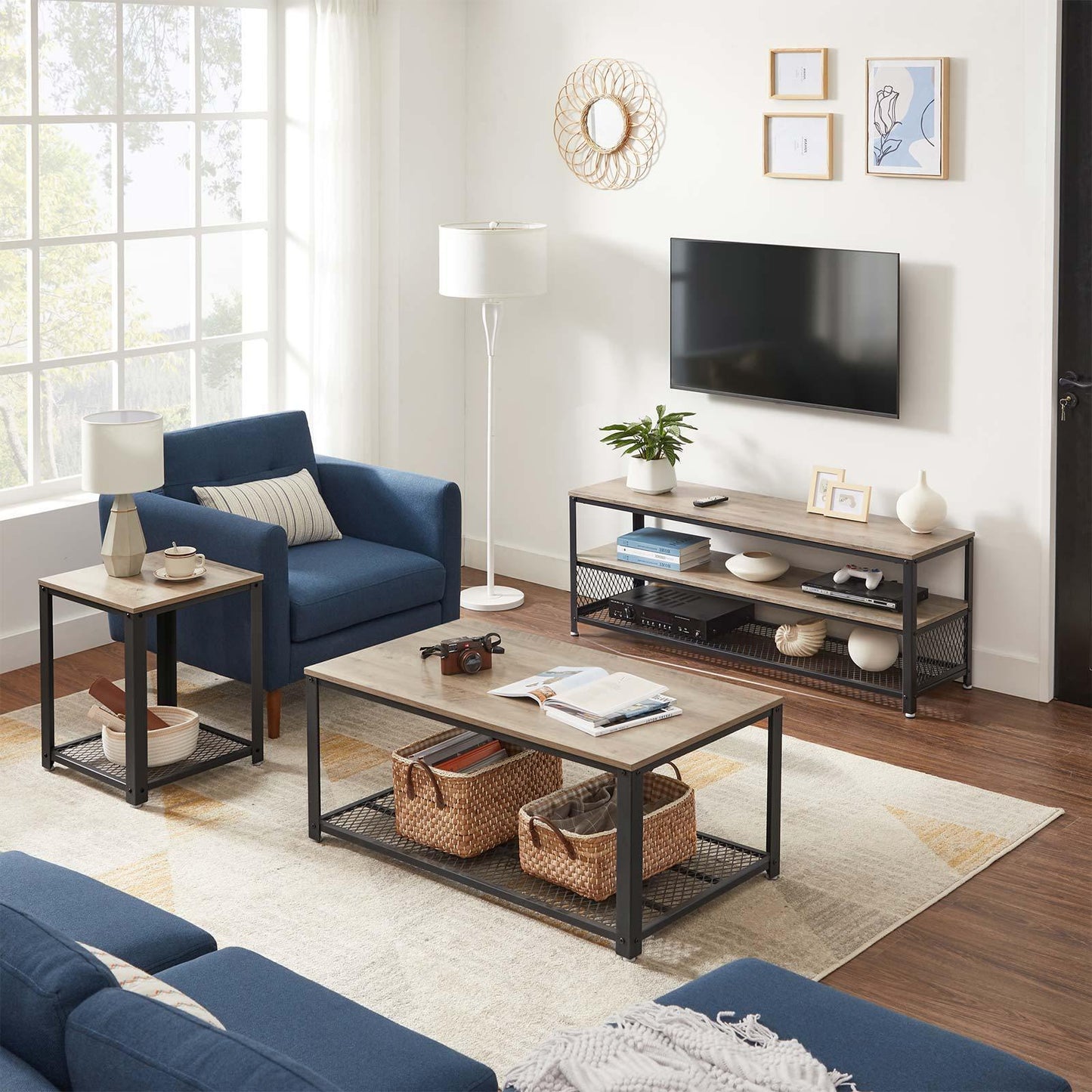 Gray TV Bench Entertainment Center with Shelves FredCo