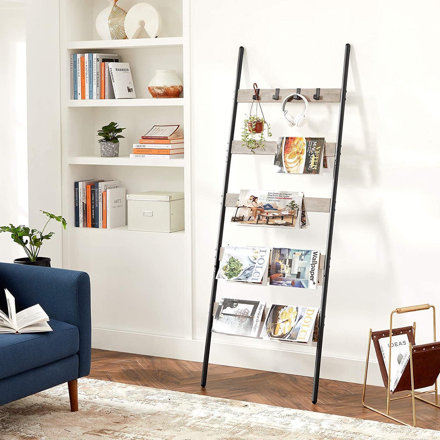 Greige 5-Tier Leaning Ladder Rack for Blanket FredCo