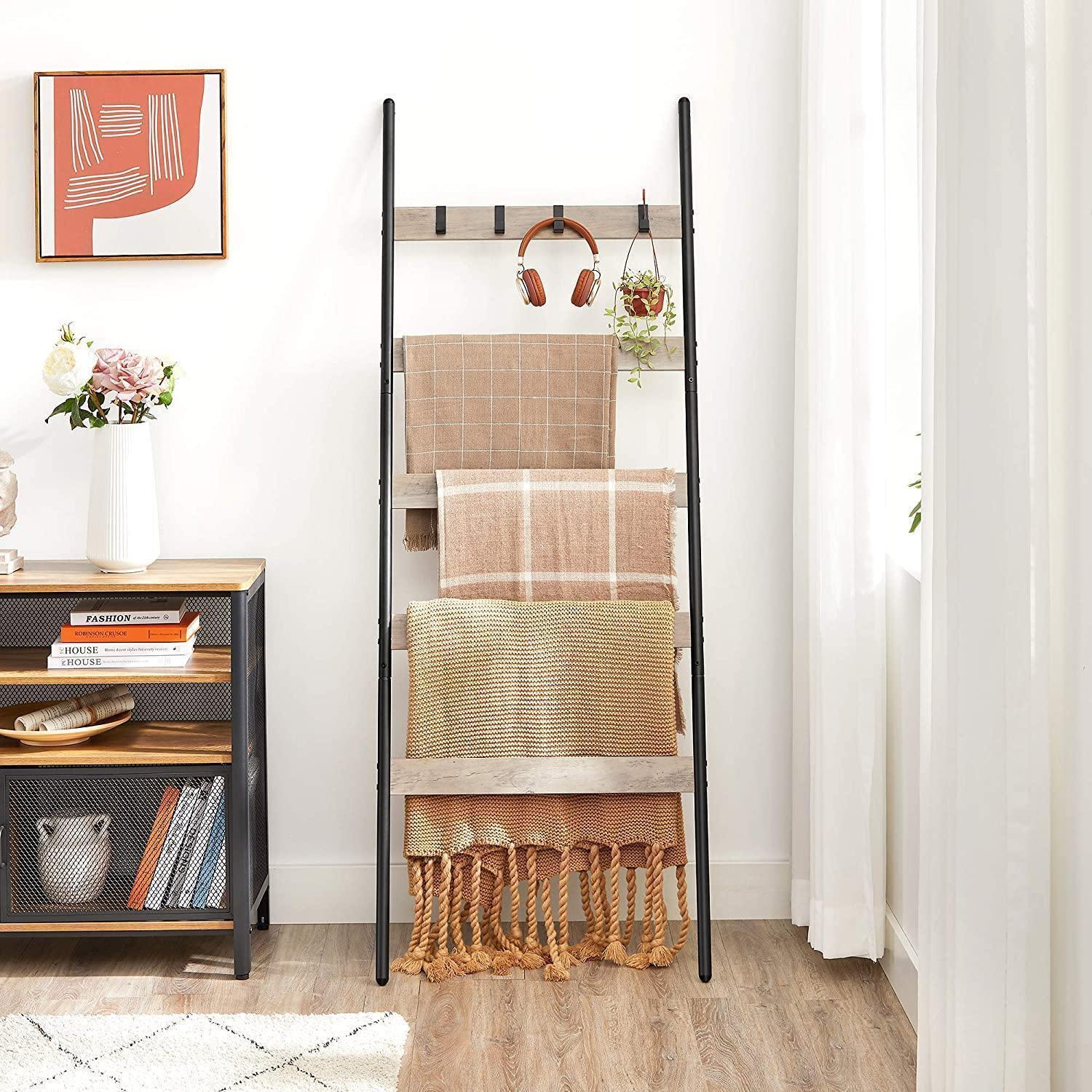Greige 5-Tier Leaning Ladder Rack for Blanket FredCo