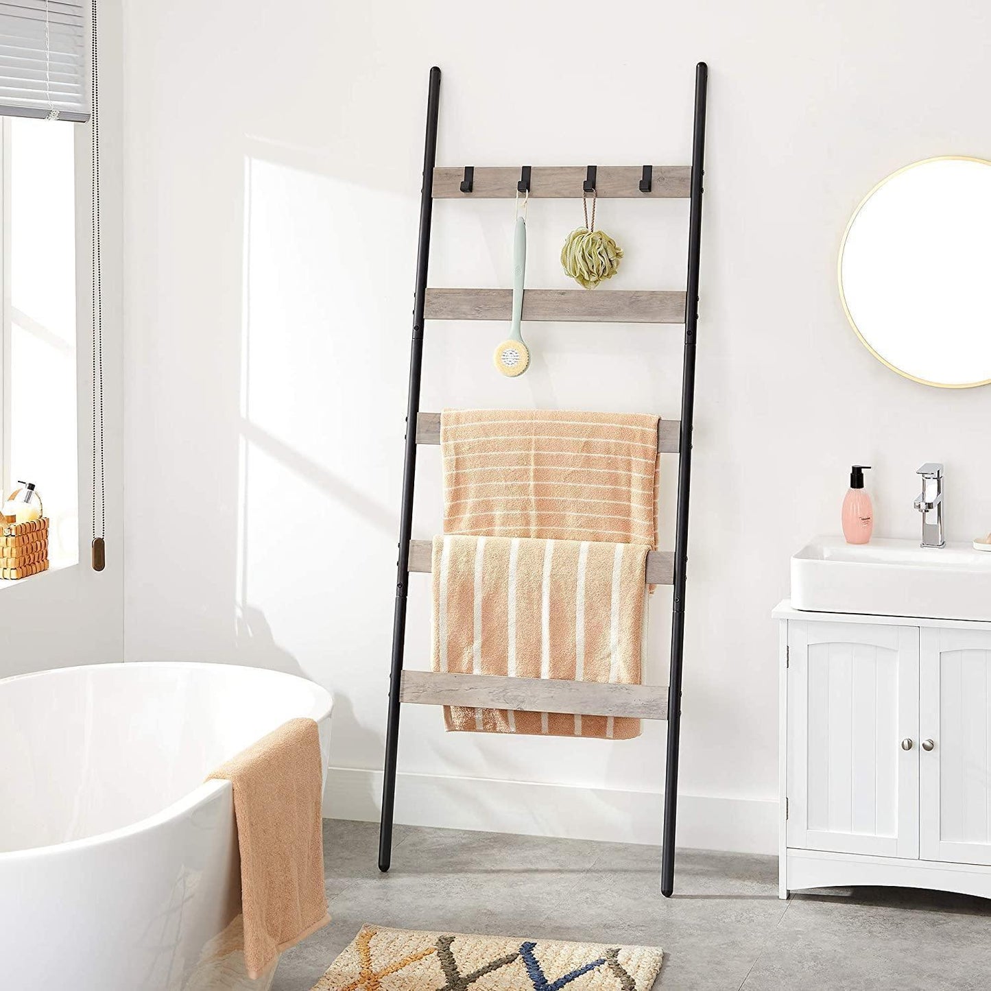 Greige 5-Tier Leaning Ladder Rack for Blanket FredCo