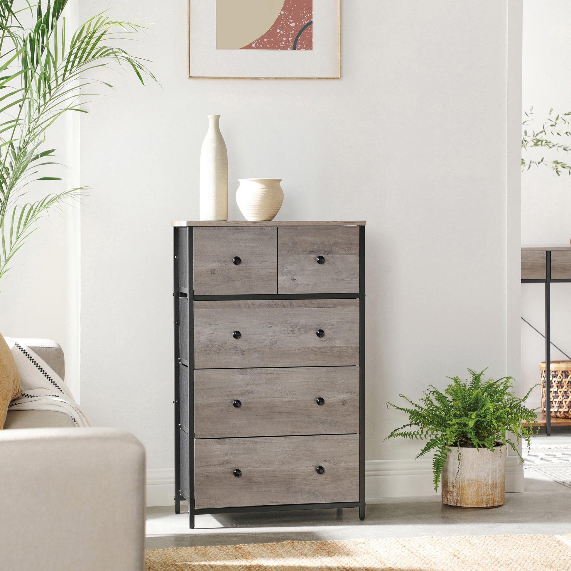 Greige & Black Dresser with 5 Fabric Drawers FredCo
