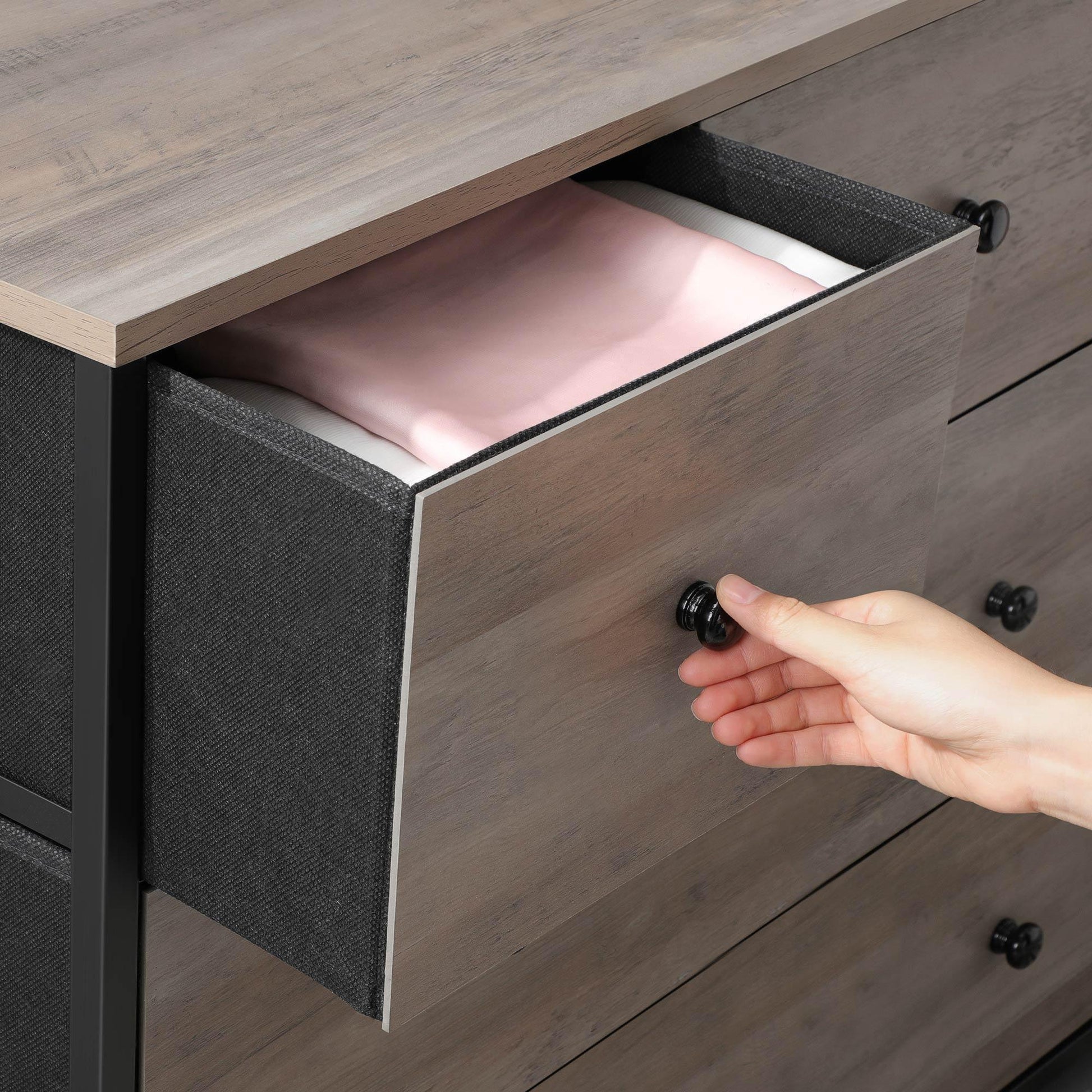 Greige & Black Dresser with 5 Fabric Drawers FredCo