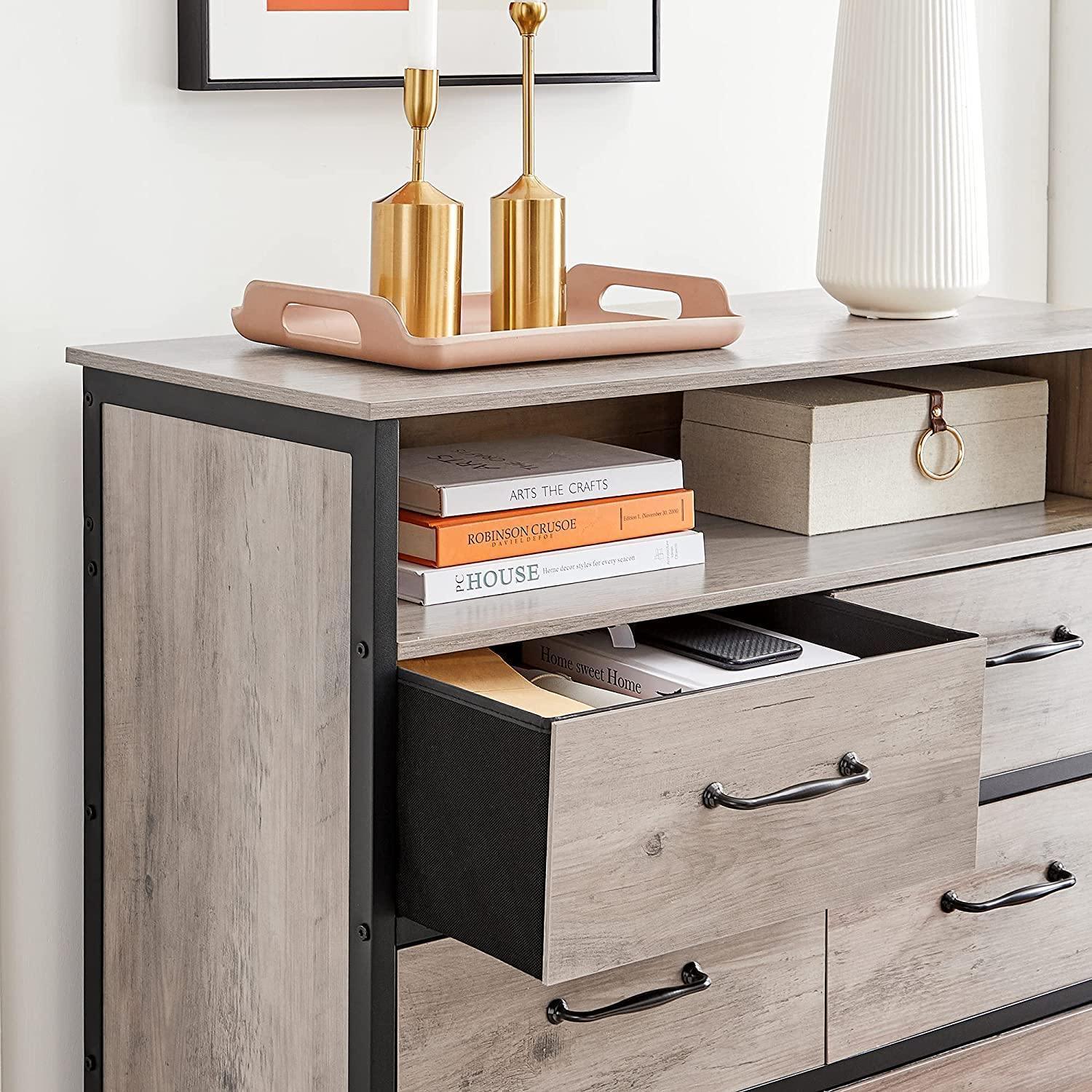 Greige & Black Dresser with 8 Fabric Drawers FredCo