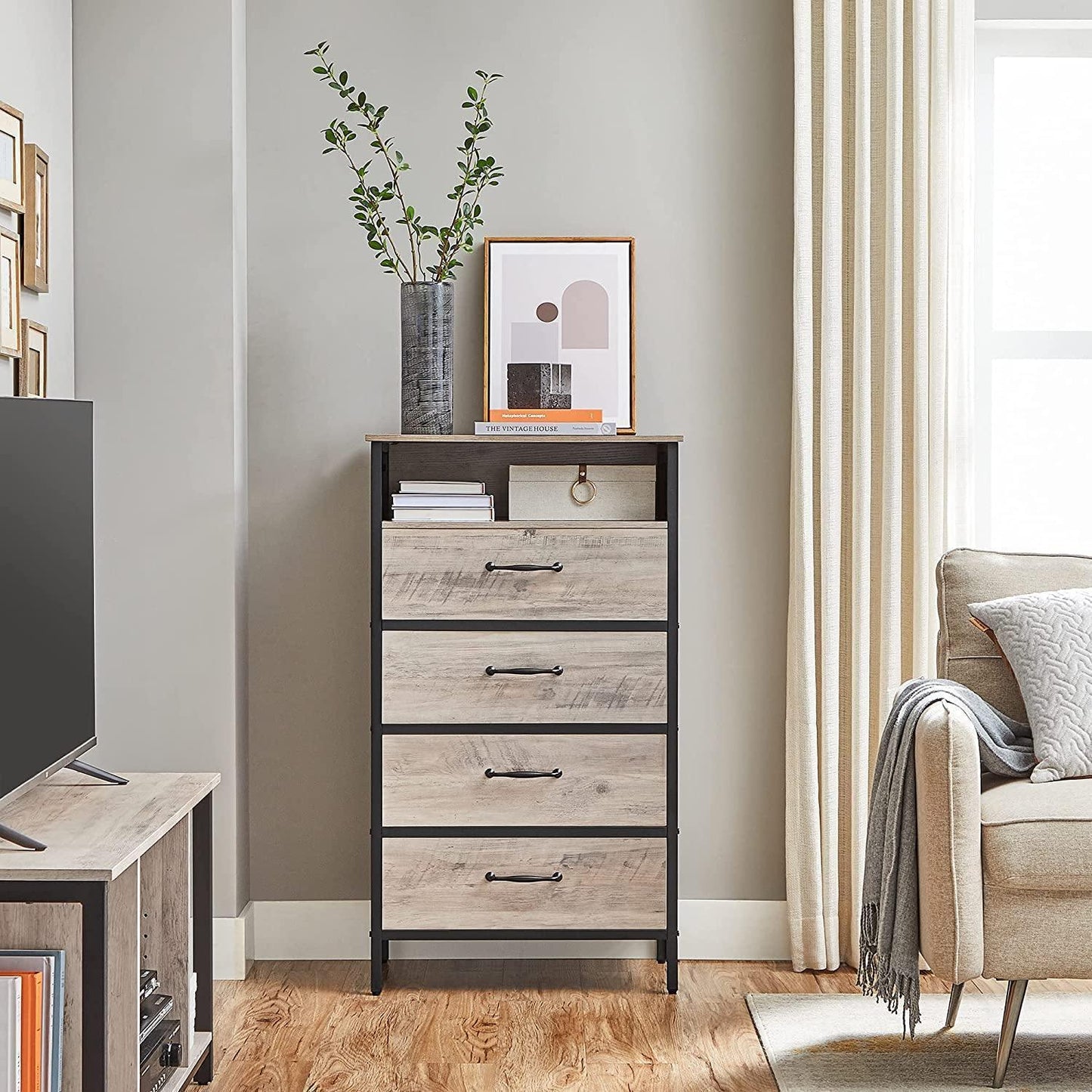 Greige & Black Small Dresser with 4 Fabric Drawers FredCo