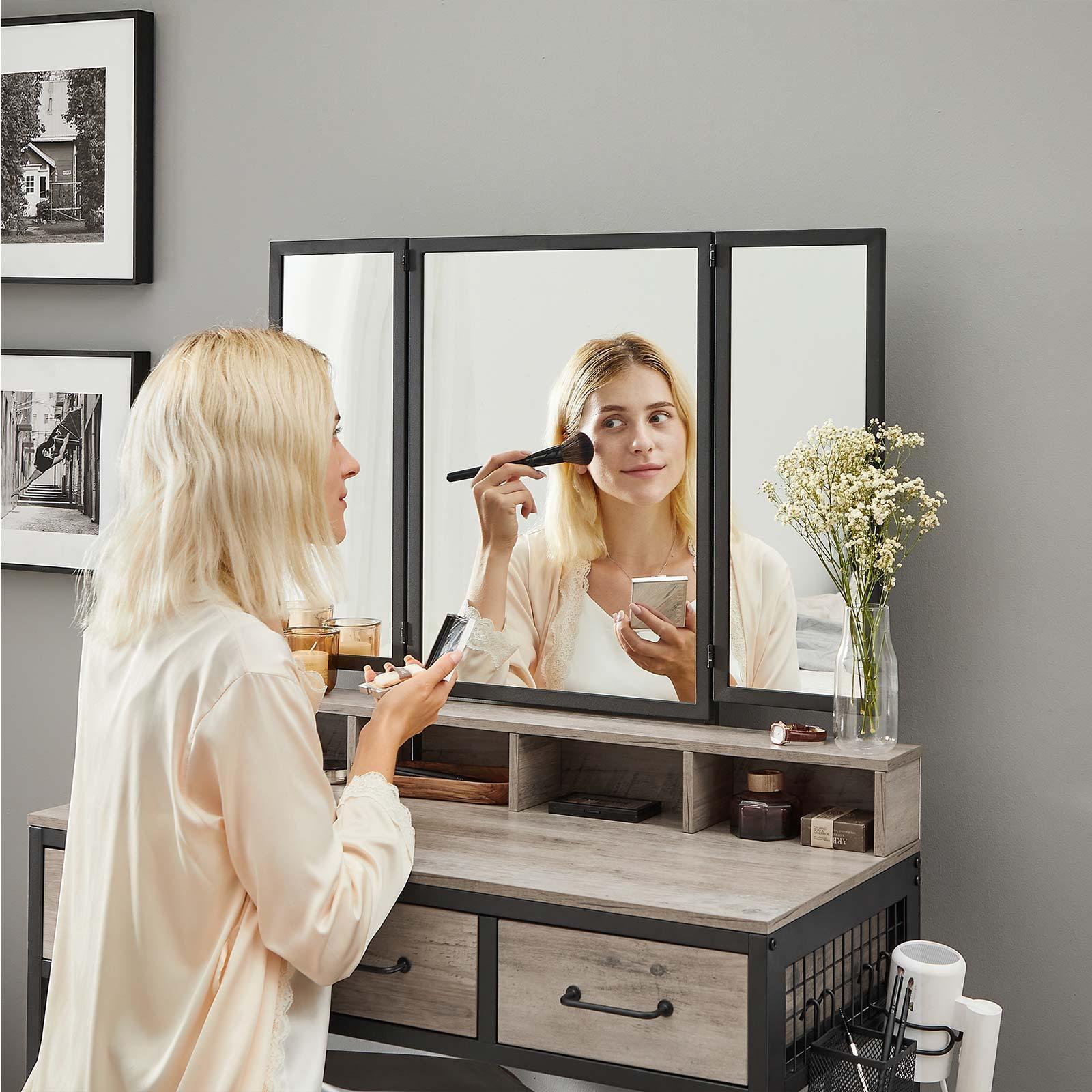 Greige Makeup Table with Tri-Fold Mirror 55"H FredCo