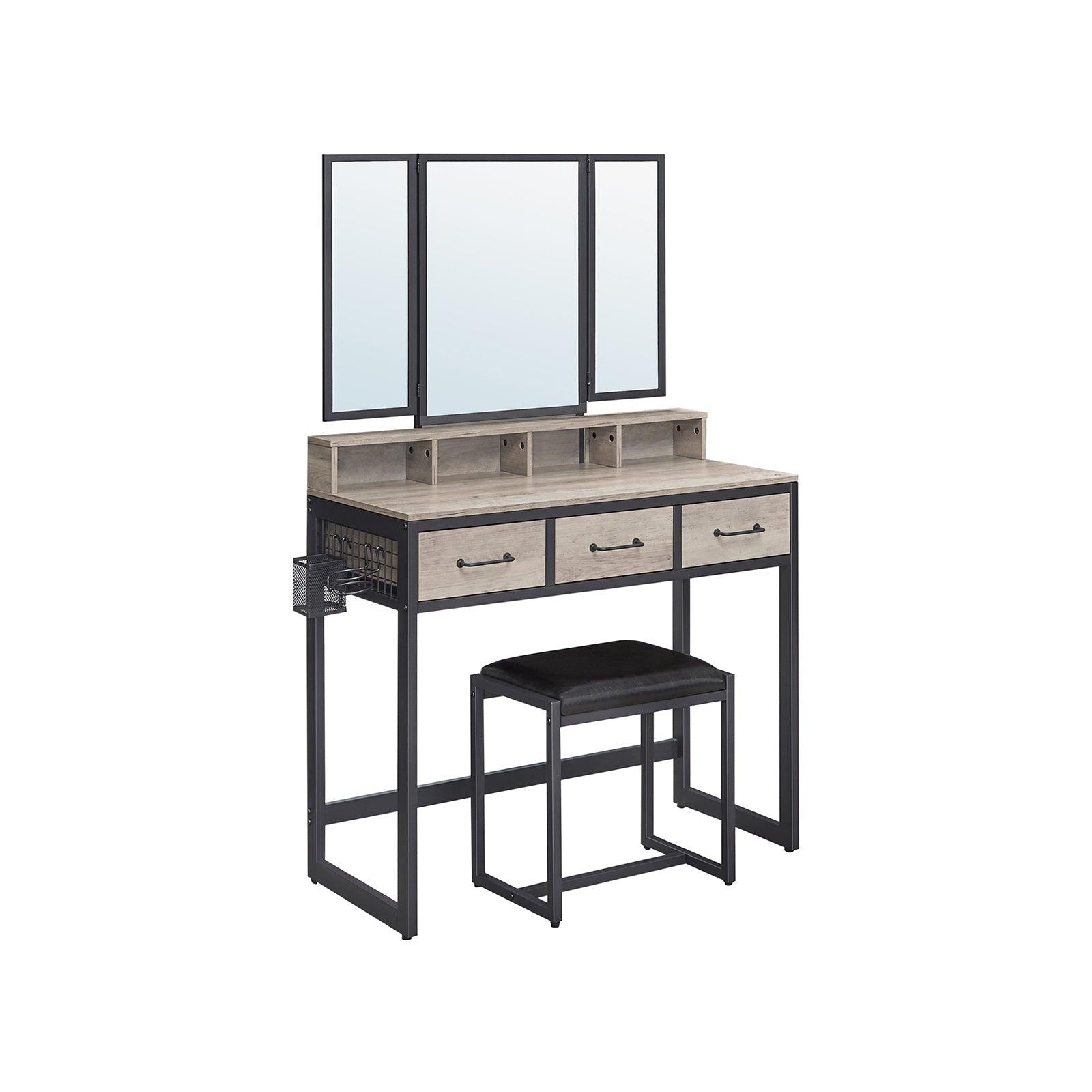 Greige Makeup Table with Tri-Fold Mirror 55"H FredCo