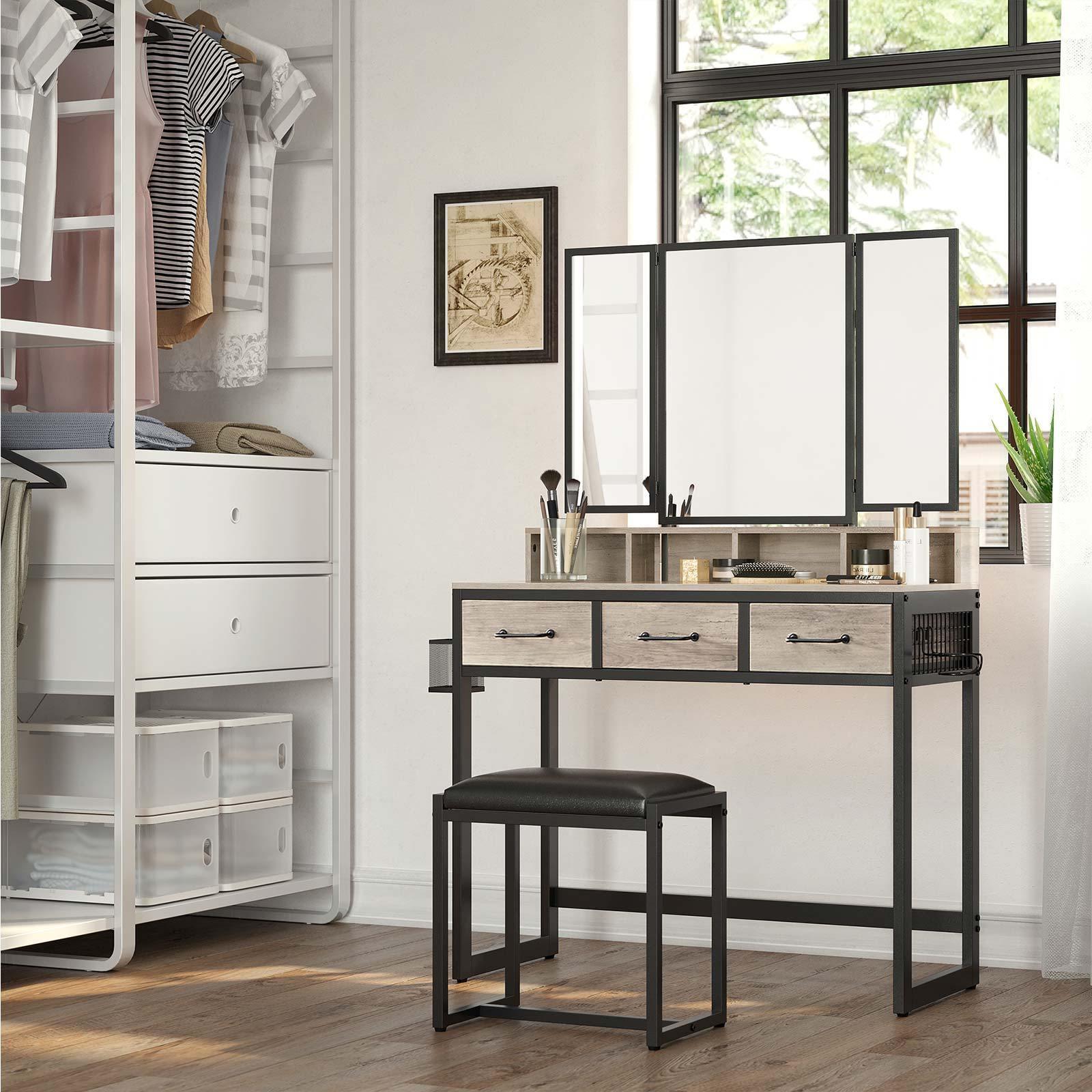 Greige Makeup Table with Tri-Fold Mirror 55"H FredCo