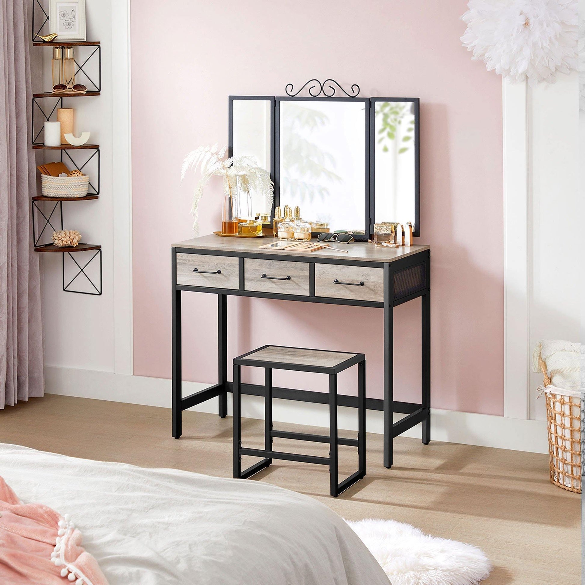 Greige Makeup Table with Tri-Fold Mirror 55"H FredCo