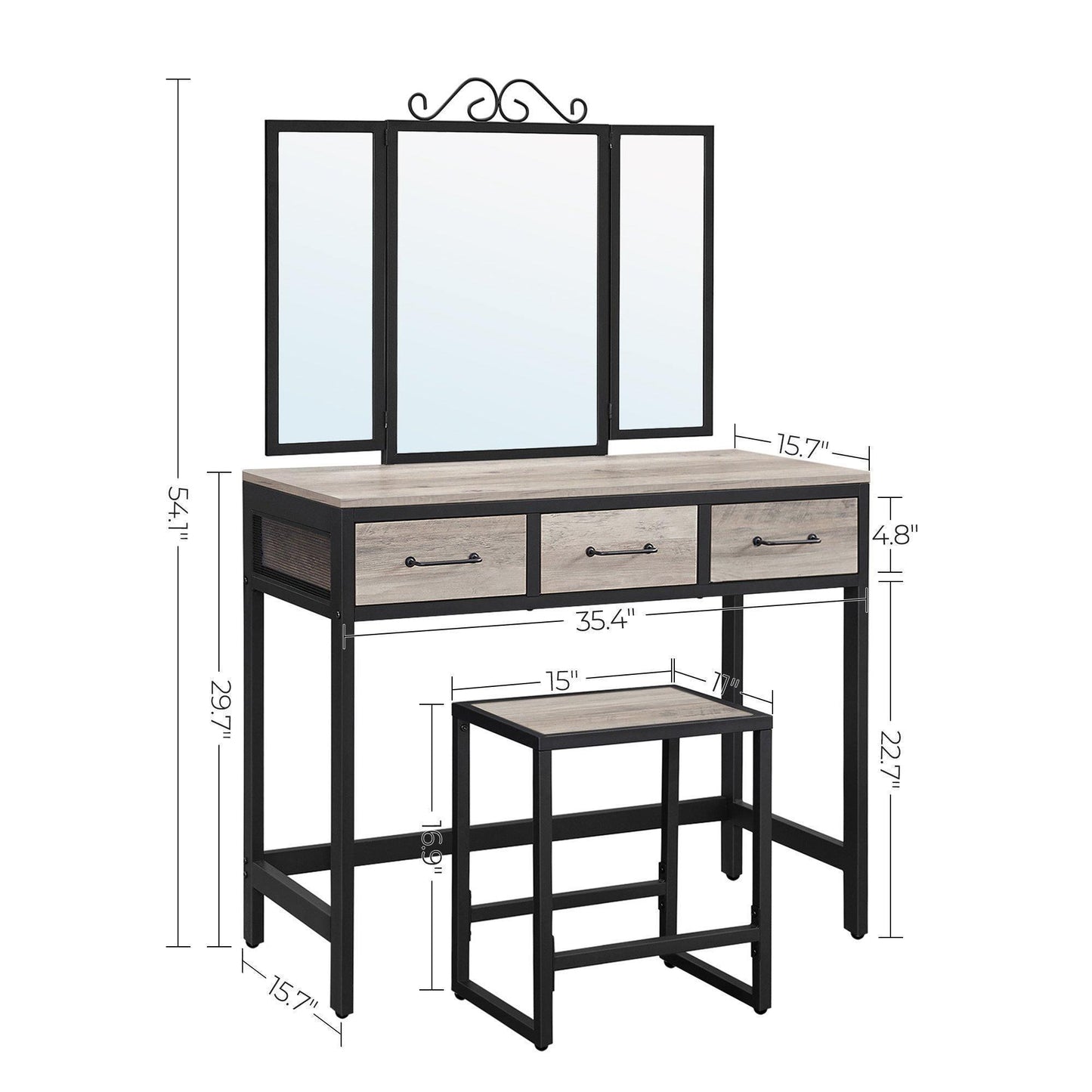 Greige Makeup Table with Tri-Fold Mirror 55"H FredCo