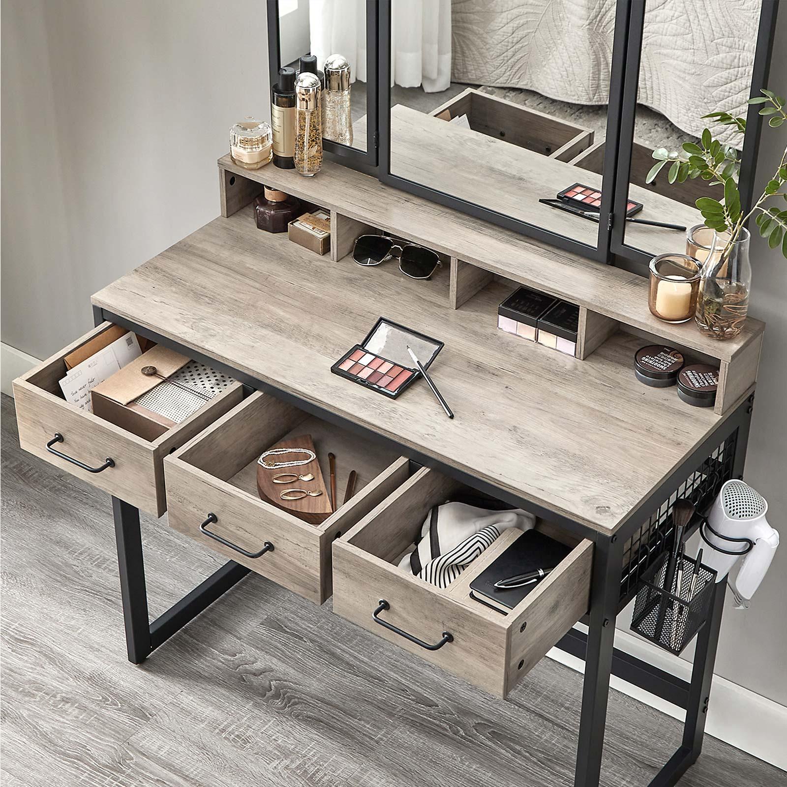 Greige Makeup Table with Tri-Fold Mirror 55"H FredCo