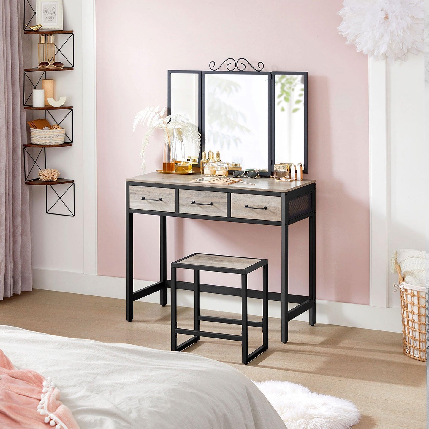 Greige Makeup Table with Tri-Fold Mirror with 3 Drawers FredCo