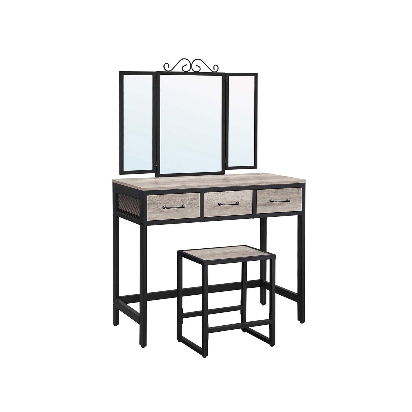 Greige Makeup Table with Tri-Fold Mirror with 3 Drawers FredCo