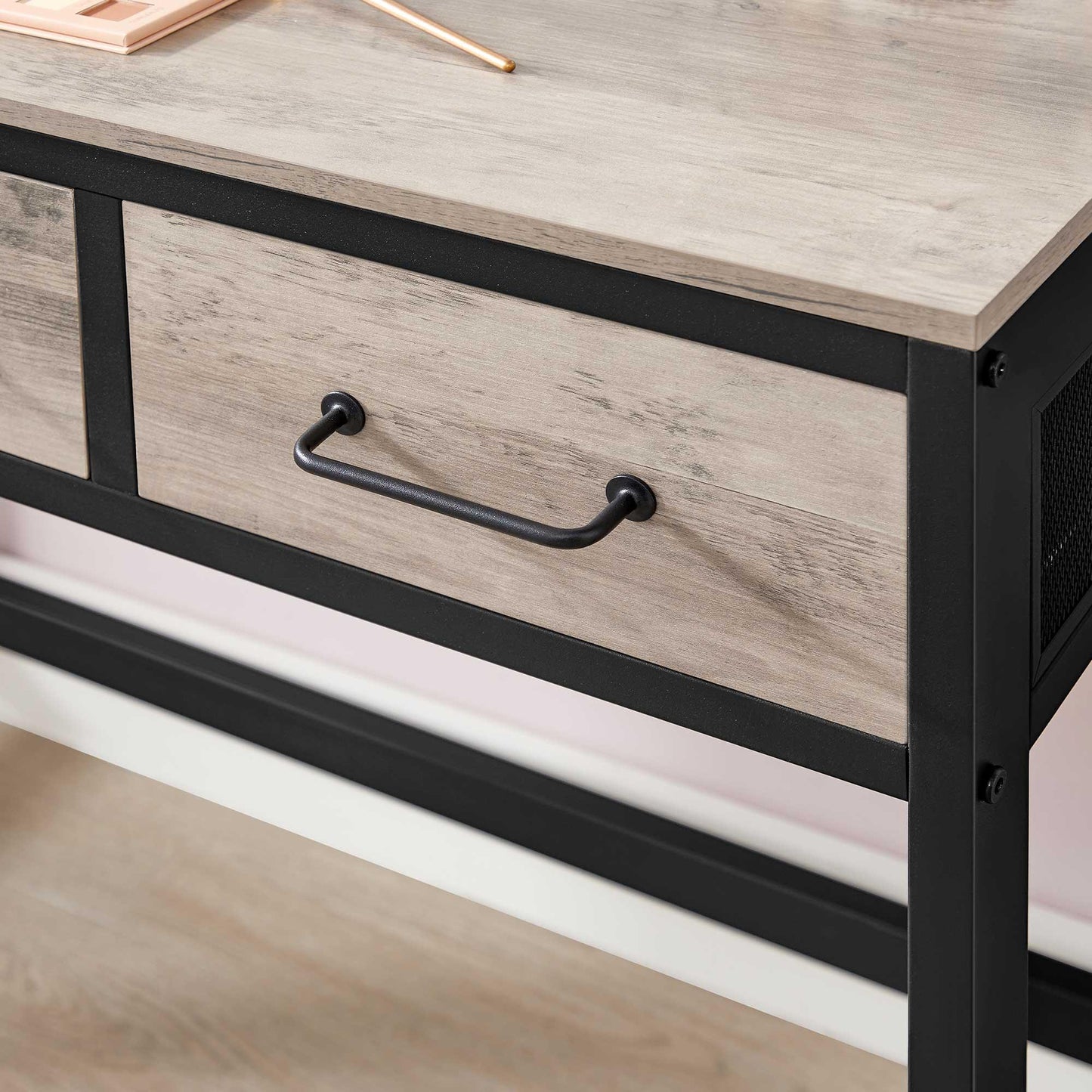 Greige Makeup Table with Tri-Fold Mirror with 3 Drawers FredCo