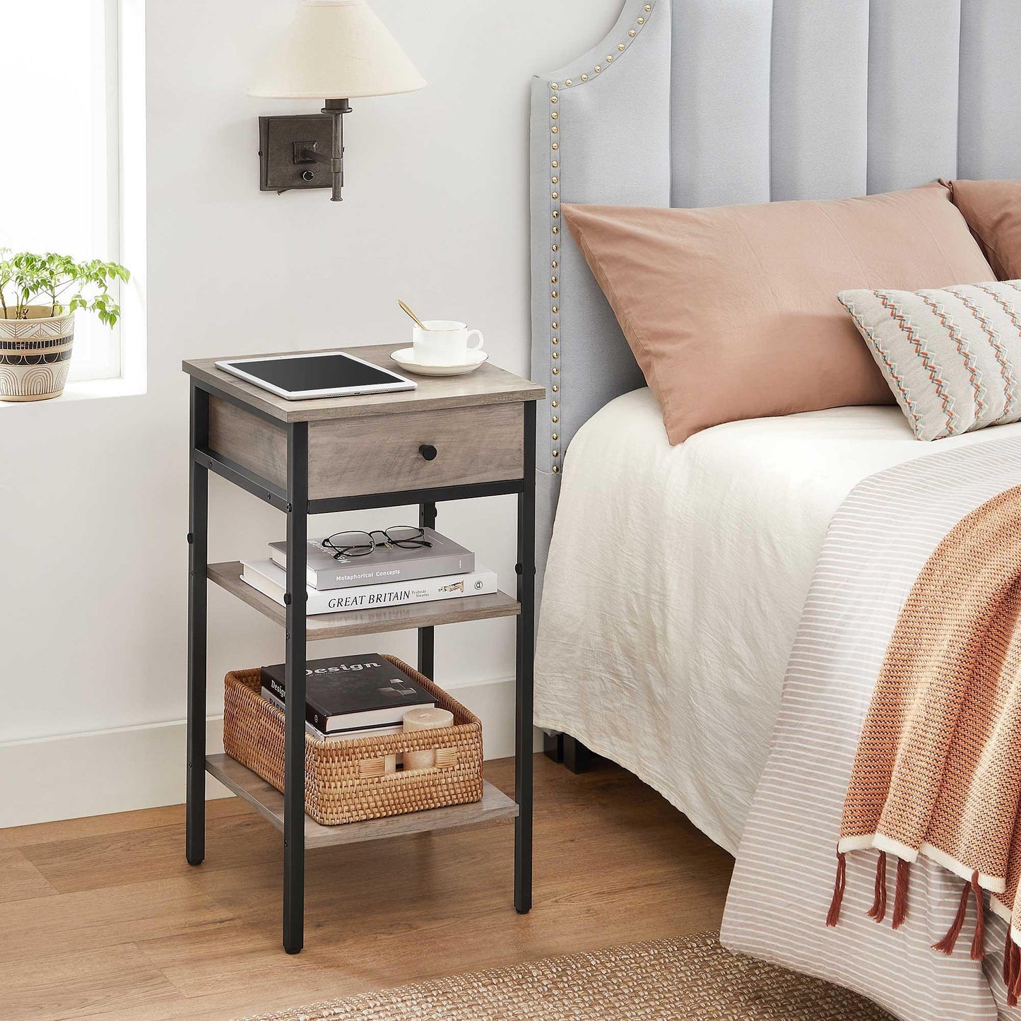 Greige Side Table with Drawer & 2 Shelves FredCo