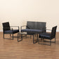 Greta Modern and Contemporary Dark Blue Fabric Upholstered and Black Finished Metal and Synthetic Rattan 4-Piece Patio Set FredCo