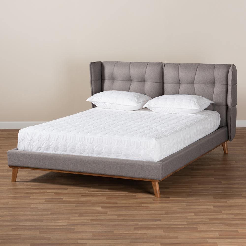 Gretchen Modern and Contemporary Grey Fabric Upholstered and Walnut Brown Finished Wood King Size Platform Wingback Bed FredCo