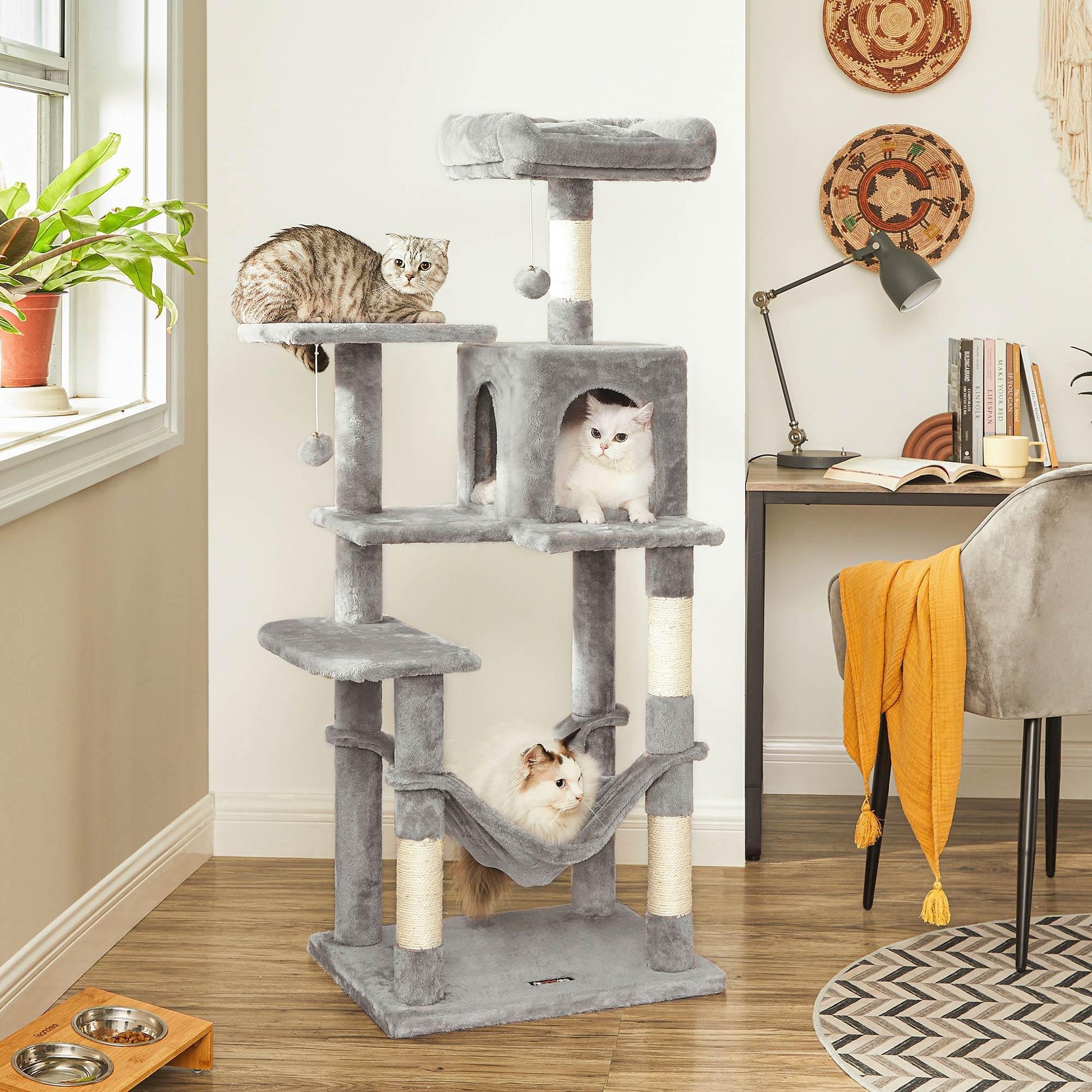 Grey Cat Condo with Hammock & Pompoms, Light Gray FredCo