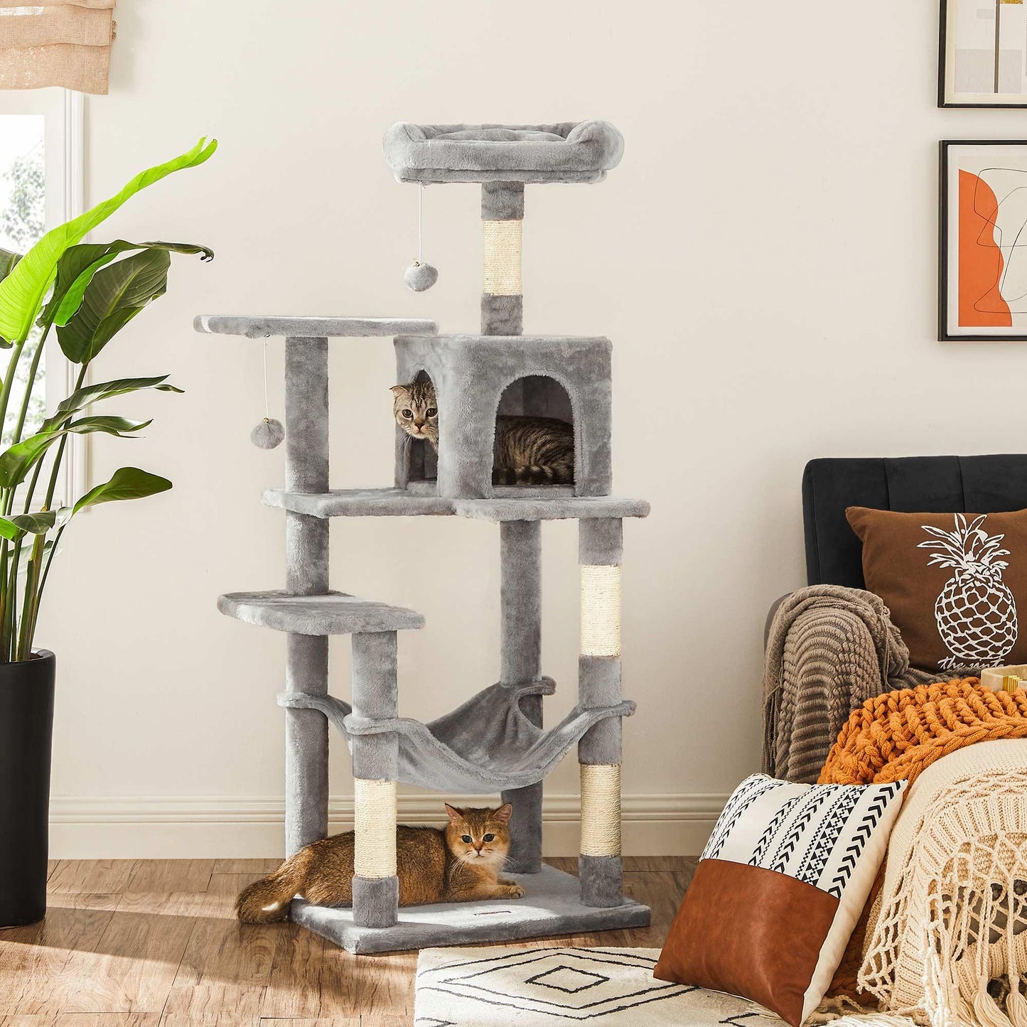 Grey Cat Condo with Hammock & Pompoms, Light Gray FredCo