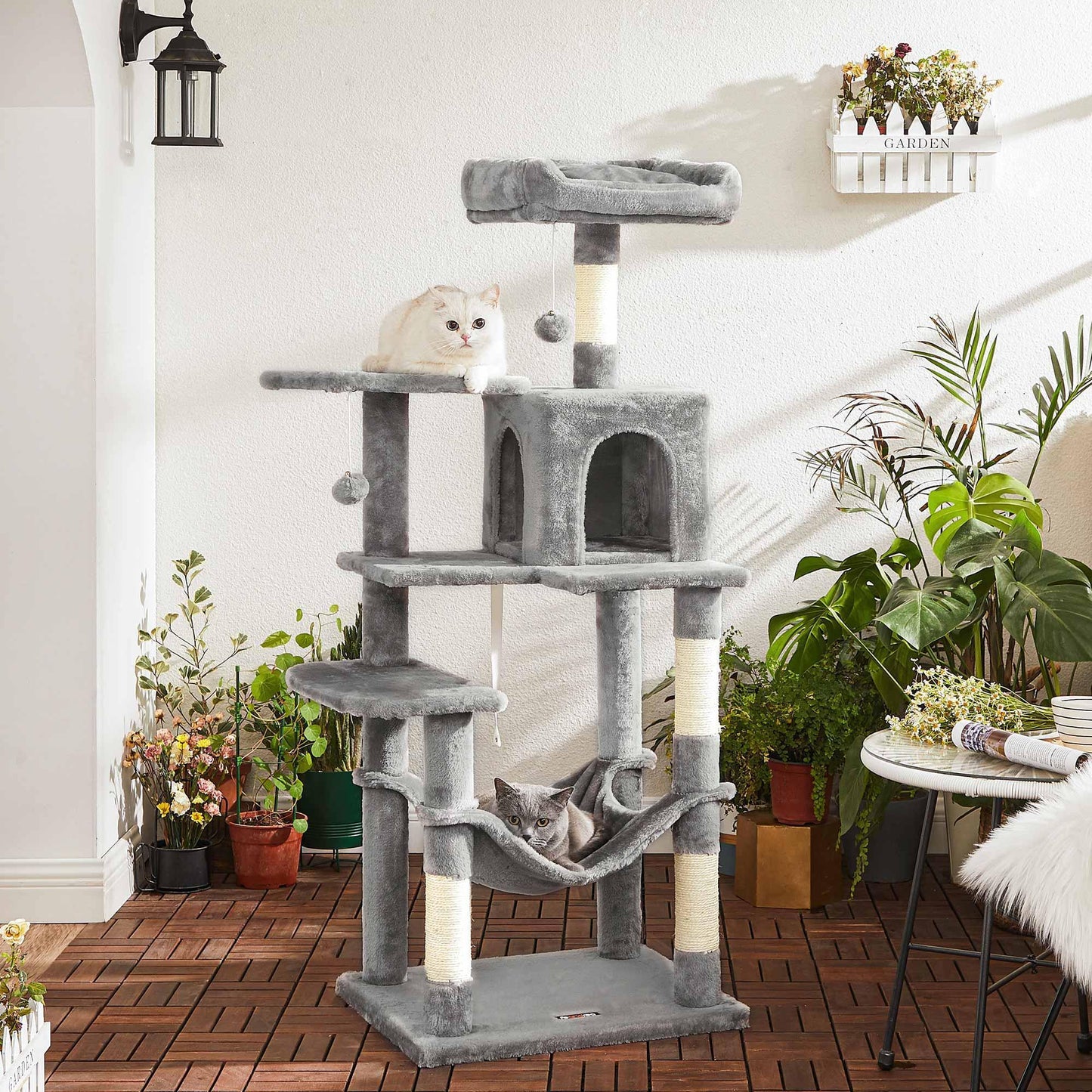 Grey Cat Condo with Hammock & Pompoms, Light Gray FredCo