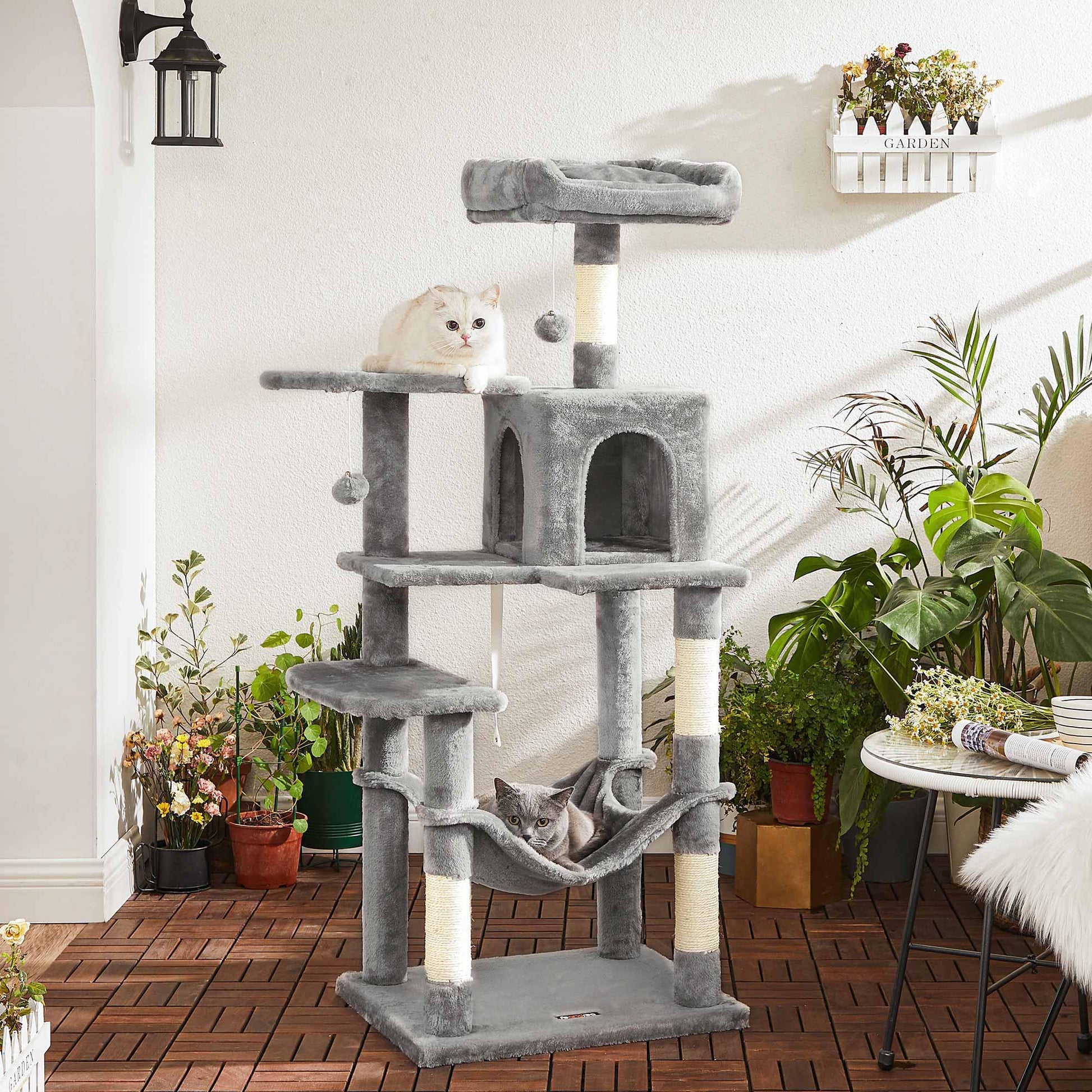 Grey Cat Condo with Hammock & Pompoms, Light Gray FredCo