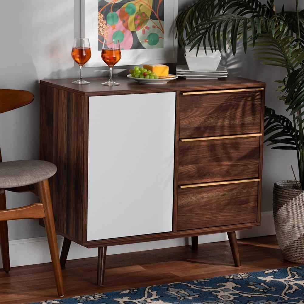 Grover Mid-Century Modern Two-Tone Cherry Brown and White Finished Wood 1-Door Sideboard Buffet FredCo