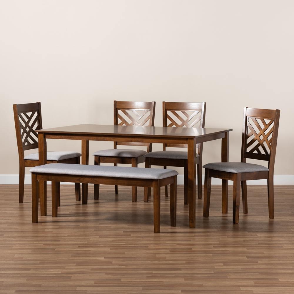 Gustavo Modern and Contemporary Grey Fabric Upholstered and Walnut Brown Finished Wood 6-Piece Dining Set FredCo